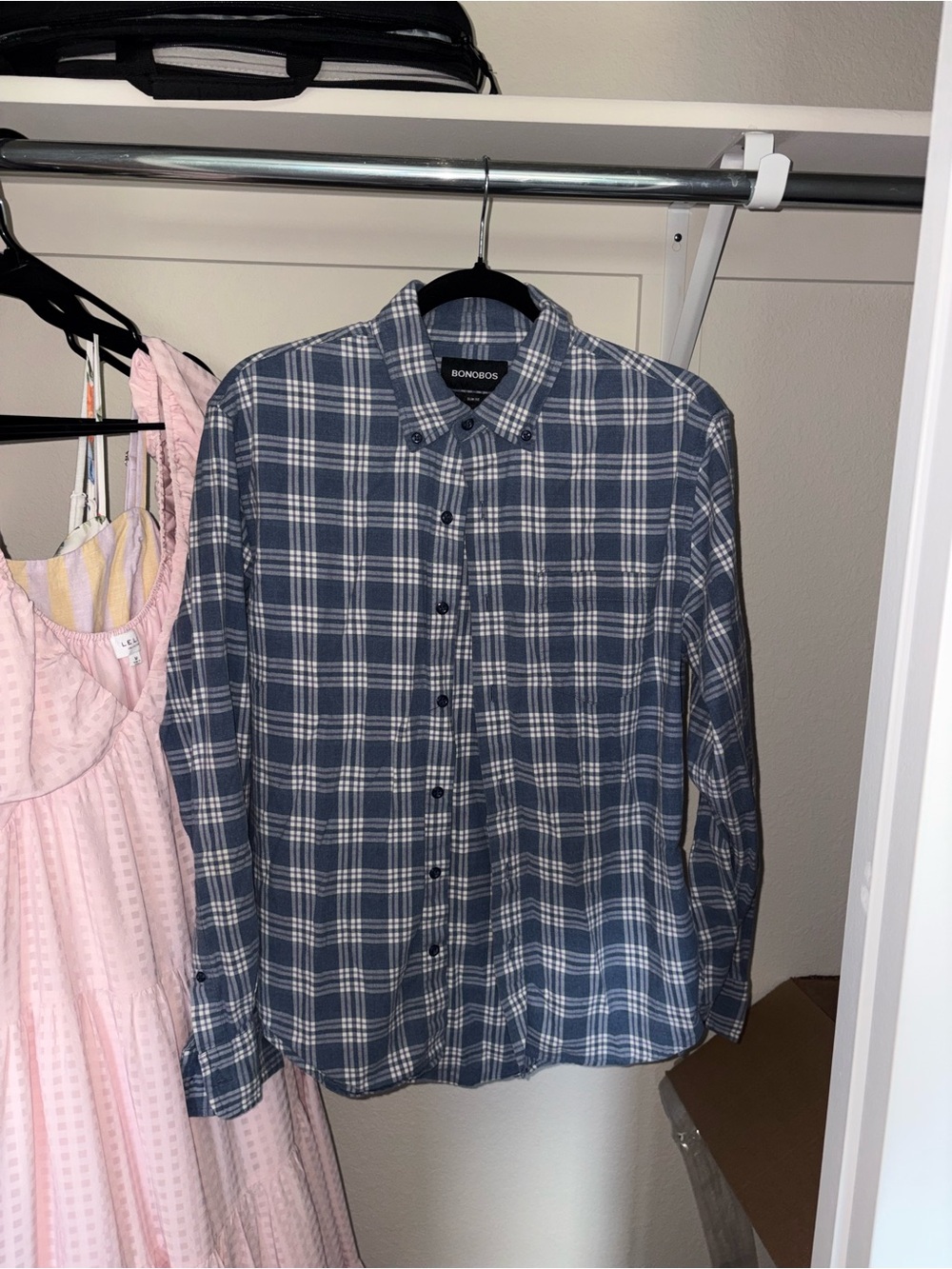 Bonobos Navy and White Plaid Long-Sleeve Button-Down Shirt